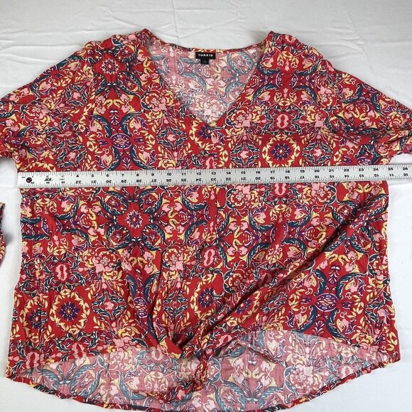 Torrid Womens Sz 3 3X Red Paisley Lenny Tie Front Bell Sleeve‎ V-Neck Boho Slub - Picture 7 of 15